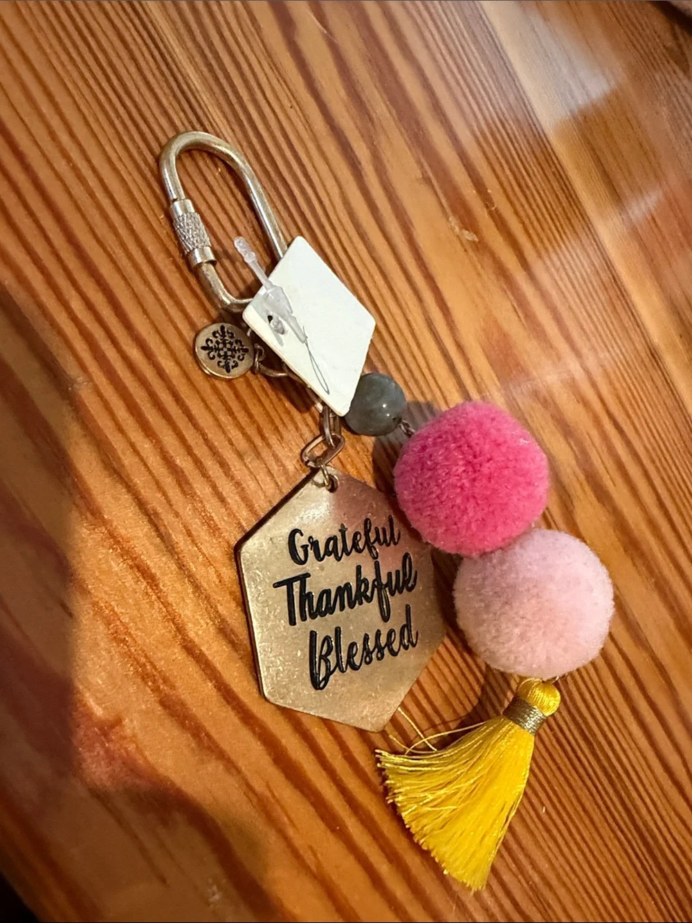 Tassel Pom Pom Keychain with 'Grateful Thankful Blessed' Charm - Pink & Yellow